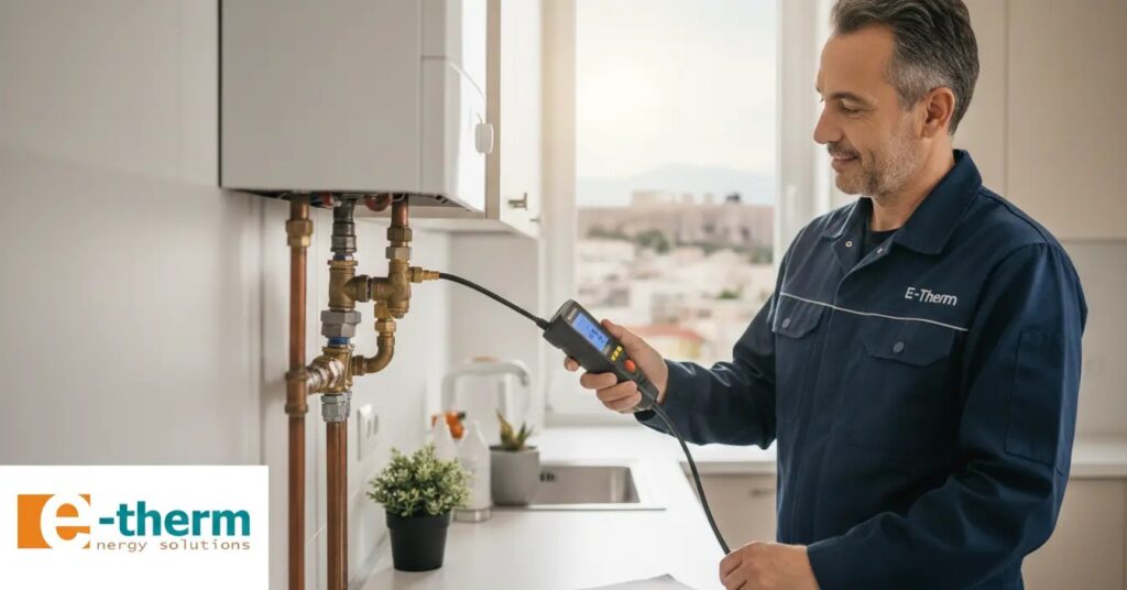 Αδειούχος τεχνικός της E-Therm πραγματοποιεί έλεγχο στεγανότητας σε λέβητα φυσικού αερίου για την έκδοση πιστοποιητικού στην Αθήνα.